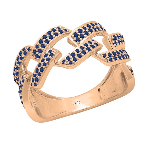 Dazzlingrock Collection Round Blue Sapphire Out Bling Cuban Link Band Ring for Women (Color Blue, Clarity Highly Included) in 14K Rose Gold, Size 4.5