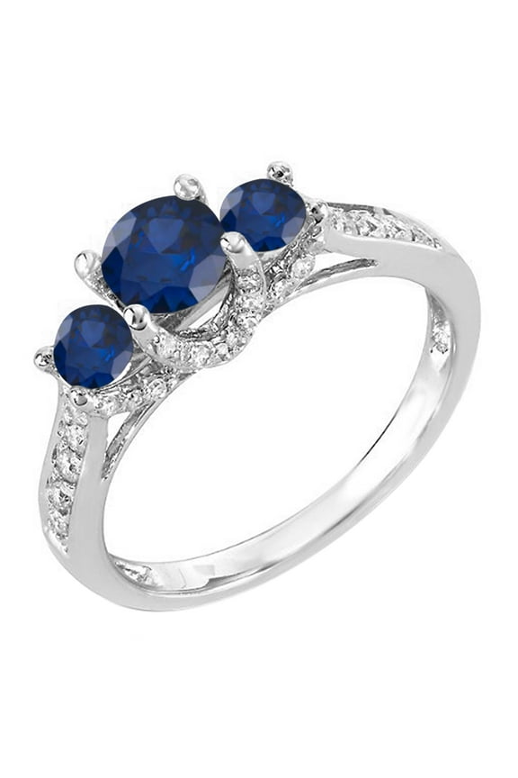Collection Round Blue Sapphire & White Diamond 3 Stone Bridal Engagement Ring for Women in 14K White Gold, Size 8