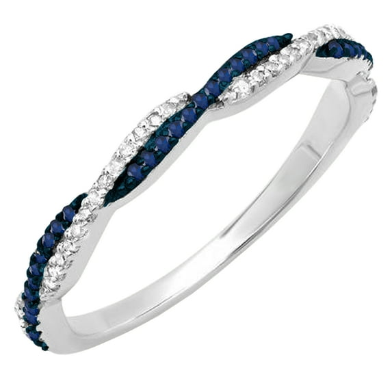 Dazzlingrock Collection Round Blue Sapphire & White Diamond Anniversary Swirl Stackable Wedding Band for Women (0.11 ctw, Color I-J, Clarity I1-I2) in 18K White Gold, Size 6