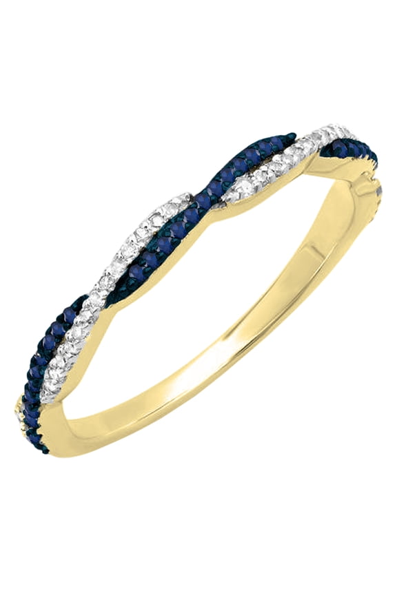 Collection Round Blue Sapphire & White Diamond Anniversary Swirl Stackable Wedding Band for Women (0.11 ctw, Color I-J, Clarity I2-I3) in 10K Yellow Gold, Size 10