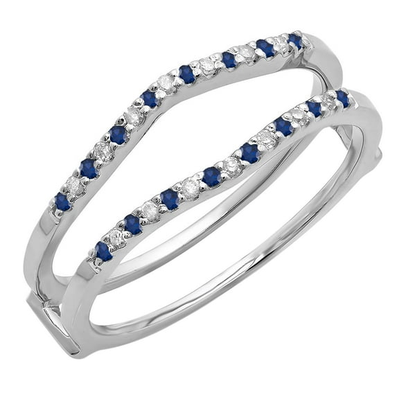 Dazzlingrock Collection Round Blue Sapphire & White Diamond Anniversary Wedding Double Band for Women in 14K White Gold, Size 4
