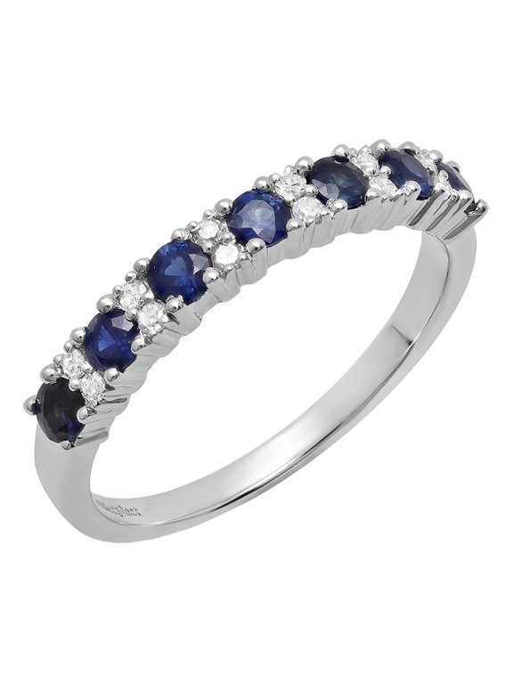 Collection Round Blue Sapphire & White Diamond Bridal Anniversary Wedding Band for Women (0.12 ctw, Color I-J, Clarity I1-I2) in 14K White Gold, Size 5