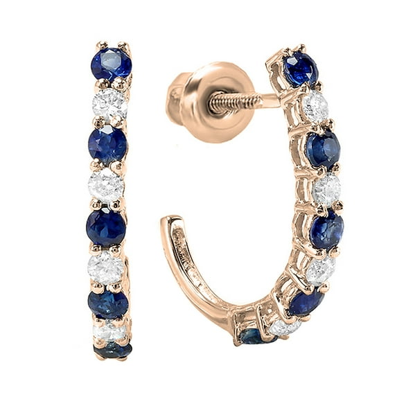 Dazzlingrock Collection Round Blue Sapphire & White Diamond J Shaped Hoop Earrings for Women (0.15 ctw, Color I-J, Clarity I1-I2) in 14K Rose Gold