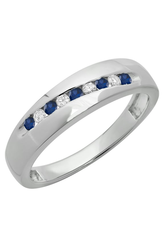 Collection Round Blue Sapphire & White Diamond Mens Classic Nine Stone Traditional Anniversary Wedding Band in 925 Sterling Silver, Size 9