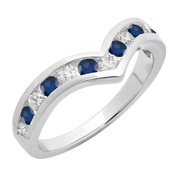 Dazzlingrock Collection Round Blue Sapphire & White Diamond Wedding Band Guard Chevron Ring for Women in 18K White Gold, Size 5.5