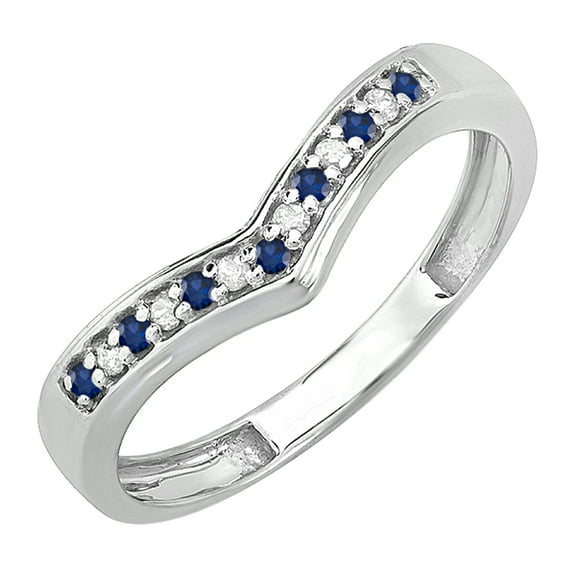 Dazzlingrock Collection Round Blue Sapphire and White Diamond Wedding Stackable Band Anniversary Guard Chevron Ring For Women in 10K White Gold, Size 7