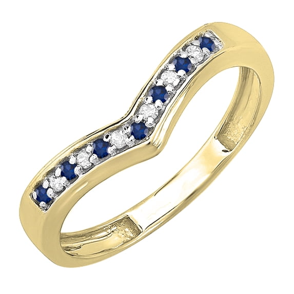 Dazzlingrock Collection Round Blue Sapphire and White Diamond Wedding Stackable Band Anniversary Guard Chevron Ring For Women in 14K Yellow Gold, Size 5.5