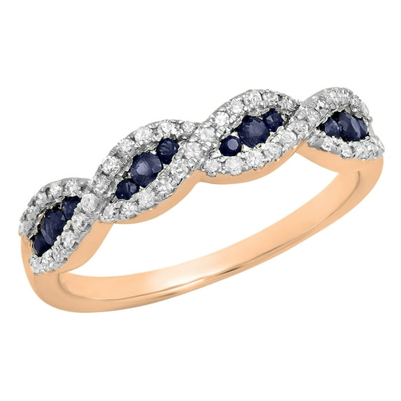 Dazzlingrock Collection Round Blue Sapphire and White Diamond Bridal Stackable Anniversary Wedding Swirl Ring For Women in 10K Rose Gold, Size 6