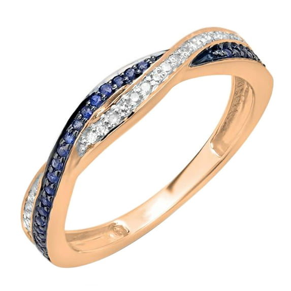 Dazzlingrock Collection Round Blue Sapphire and White Diamond Stackable Anniversary Wedding Band Swirl Ring For Women in 10K Rose Gold, Size 9