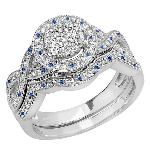 Dazzlingrock Collection Round Blue Sapphire and White Diamond Womens Engagement Ring With Matching Band Set, 925 Sterling Silver, Size 6