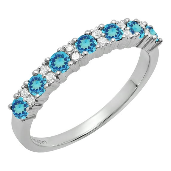 Dazzlingrock Collection Round Blue Topaz & White Diamond Bridal Anniversary Wedding Band for Women (0.12 ctw, Color I-J, Clarity I1-I2) in 14K White Gold, Size 6