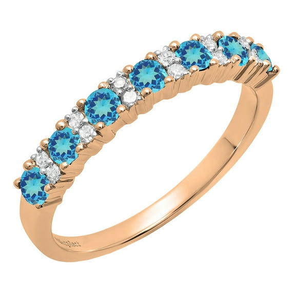 Dazzlingrock Collection Round Blue Topaz & White Diamond Bridal Anniversary Wedding Band for Women (0.12 ctw, Color I-J, Clarity I1-I2) in 14K Rose Gold, Size 8