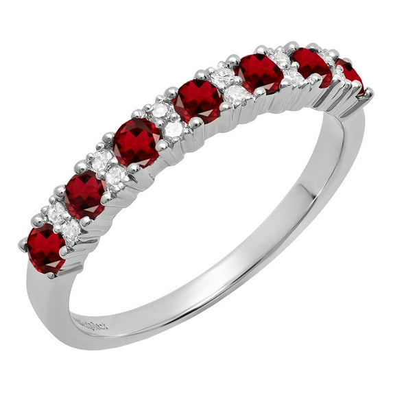 Dazzlingrock Collection Round Garnet & White Diamond Bridal Anniversary Wedding Band for Women (0.12 ctw, Color I-J, Clarity I1-I2) in 18K White Gold, Size 7.5