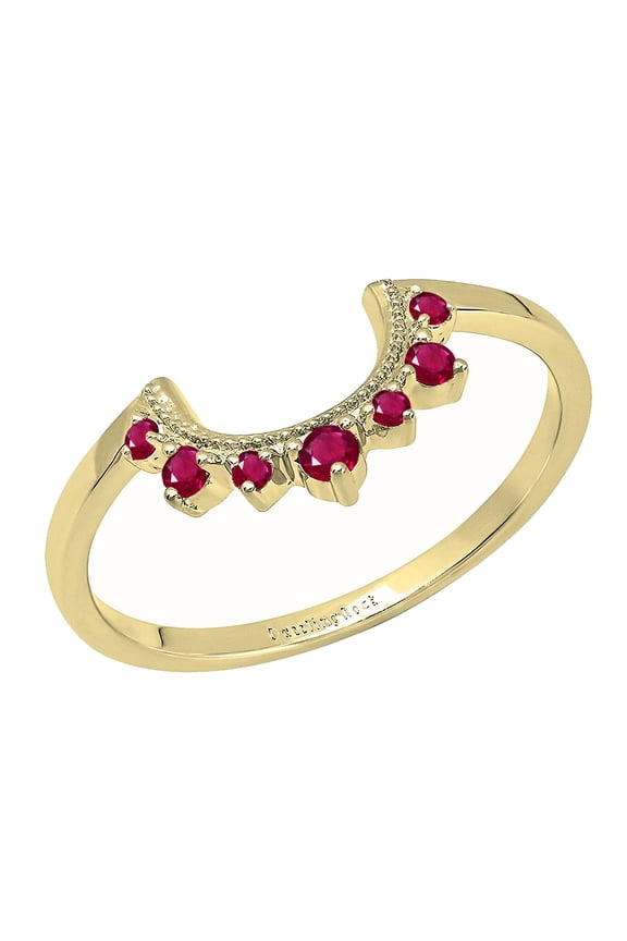 Collection Round Lab Created Ruby Guard Curved Solitaire Ring for women (0.12 ctw, Color Red, Clarity Moderately Included) in 10K Yellow Gold, Size 7