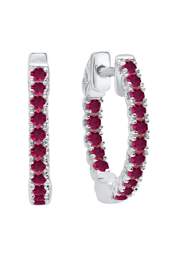 Collection Round Lab Created Ruby Inside Out Hinged Huggie Hoop Earrings for Women (Color Red, Clarity Moderately Included) in 925 Sterling Silver