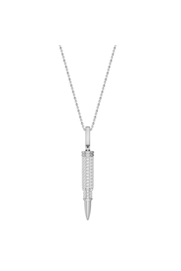 Collection Round Lab Grown White Diamond Military Style Unisex Bullet Pendant with 18 inch Silver Chain (1.40 ctw, Color H-I, Clarity SI2) in 925 Sterling Silver