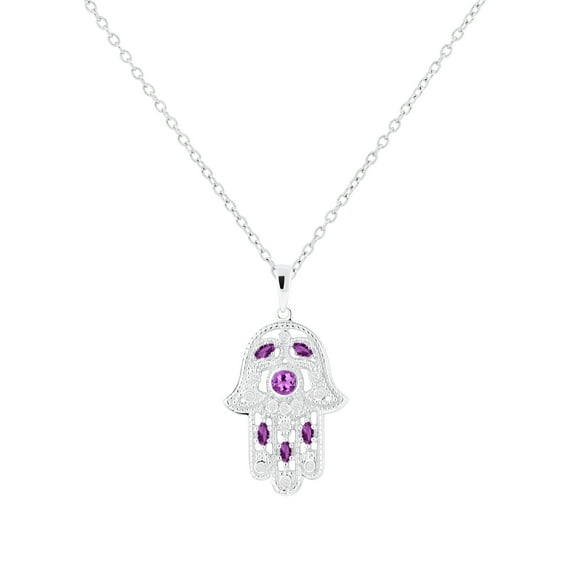 Dazzlingrock Collection Round & Marquise Amethyst & Round White Diamond Hamsa Hand of Fatima Pendant for Women with Gold Chain (0.09 ctw, Color I-J, Clarity I1-I2) in 14K White Gold