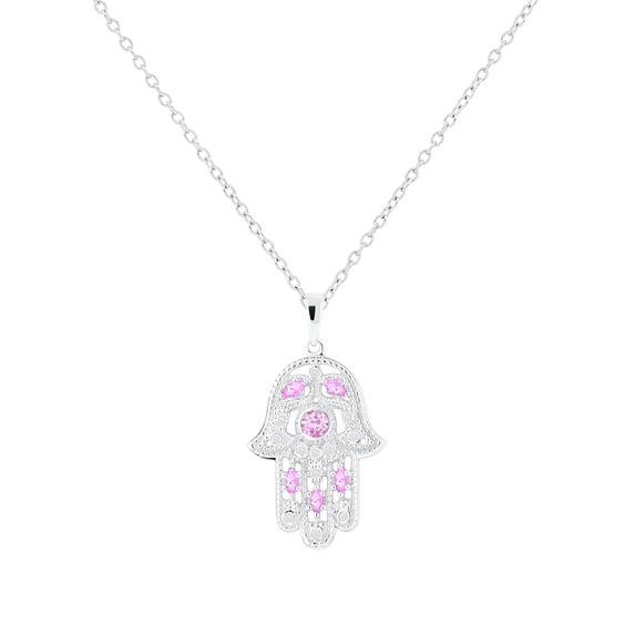 Dazzlingrock Collection Round & Marquise Pink Sapphire & Round White Diamond Hamsa Hand of Fatima Pendant for Women with Silver Chain (0.09 ctw, Color I-J, Clarity I1-I2) in 14K White Gold