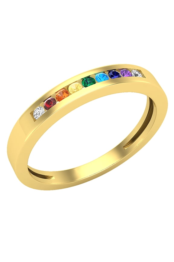 Collection Round Nine Multi Color Stone Anniversary Wedding Band for Women (0.03 ctw, Color I-J, Clarity I2-I3) in 10K Yellow Gold, Size 9