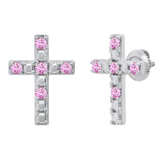 Dazzlingrock Collection Round Pink Sapphire 5 Stone Religious Cross Screwback Stud Earrings for Women (Color Pink, Clarity Highly Included) in 14K White Gold