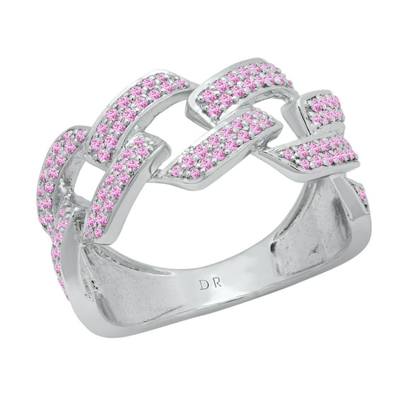 Dazzlingrock Collection Round Pink Sapphire Out Bling Cuban Link Band Ring for Women (Color Pink, Clarity Highly Included) in 925 Sterling Silver, Size 9.5