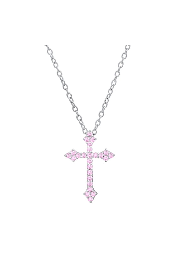 Collection Round Pink Sapphire Cross Pendant for Women with 18 Inch Silver Chain (Color Pink, Clarity Highly Included) in 925 Sterling Silver