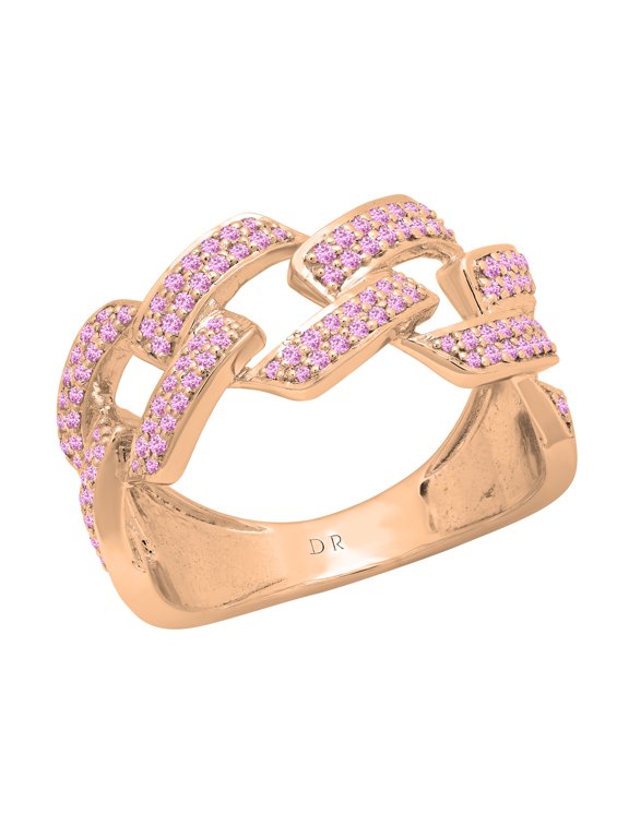 Collection Round Pink Sapphire Out Bling Cuban Link Band Ring for Women (Color Pink, Clarity Highly Included) in 10K Rose Gold, Size 5