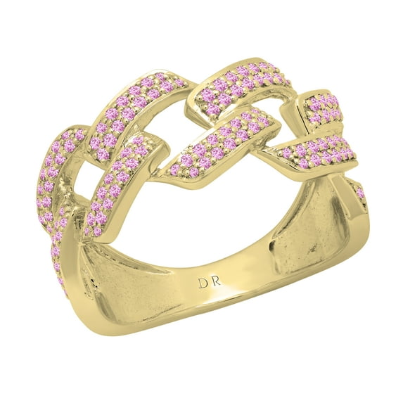 Dazzlingrock Collection Round Pink Sapphire Out Bling Cuban Link Band Ring for Women (Color Pink, Clarity Highly Included) in 10K Yellow Gold, Size 7