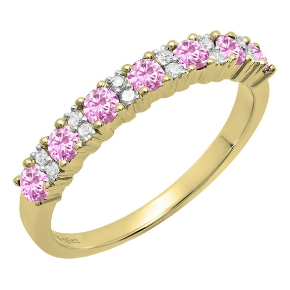 Dazzlingrock Collection Round Pink Sapphire & White Diamond Bridal Anniversary Wedding Band for Women (0.12 ctw, Color I-J, Clarity I1-I2) in 14K Yellow Gold, Size 6