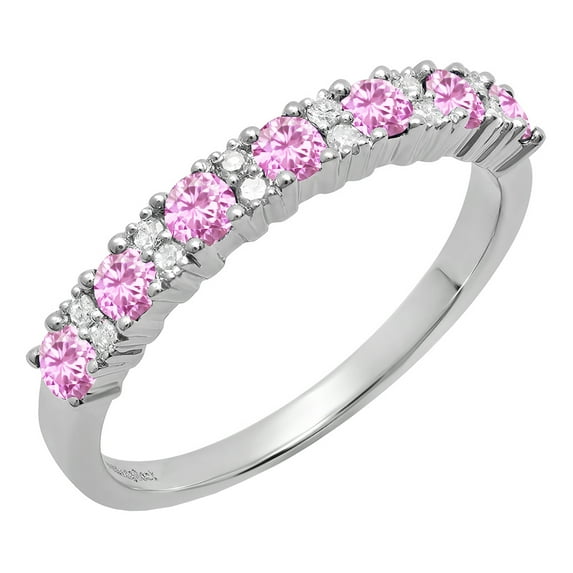 Dazzlingrock Collection Round Pink Sapphire & White Diamond Bridal Anniversary Wedding Band for Women (0.12 ctw, Color I-J, Clarity I2-I3) in 10K White Gold, Size 8