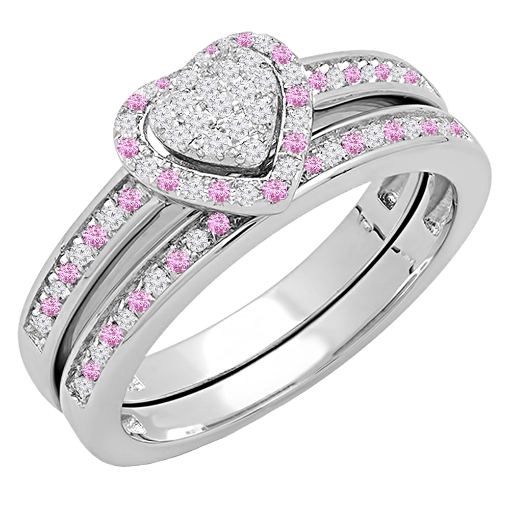 Dazzlingrock Collection Round Pink Sapphire & White Diamond Heart Bridal Engagement Ring with Band Set for Women in 925 Sterling Silver, Size 5