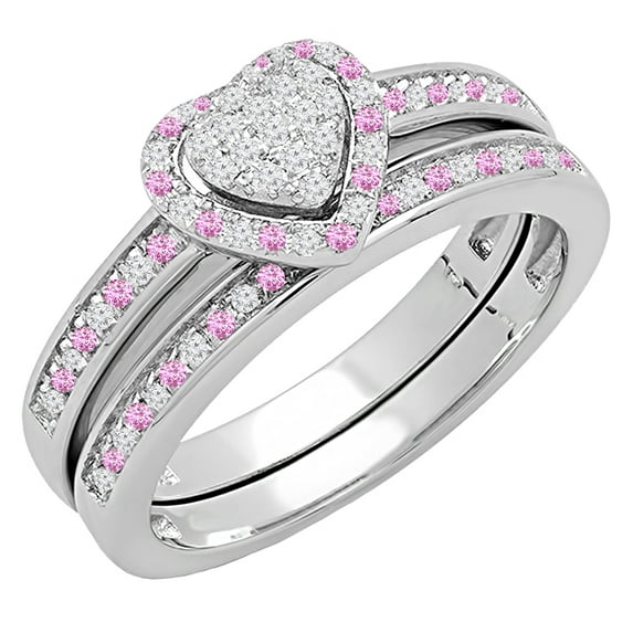 Dazzlingrock Collection Round Pink Sapphire & White Diamond Heart Bridal Engagement Ring with Band Set for Women in 925 Sterling Silver, Size 7