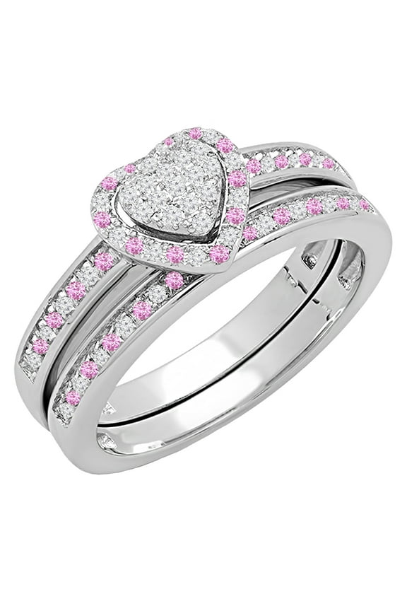 Collection Round Pink Sapphire & White Diamond Heart Bridal Engagement Ring with Band Set for Women in 925 Sterling Silver, Size 8