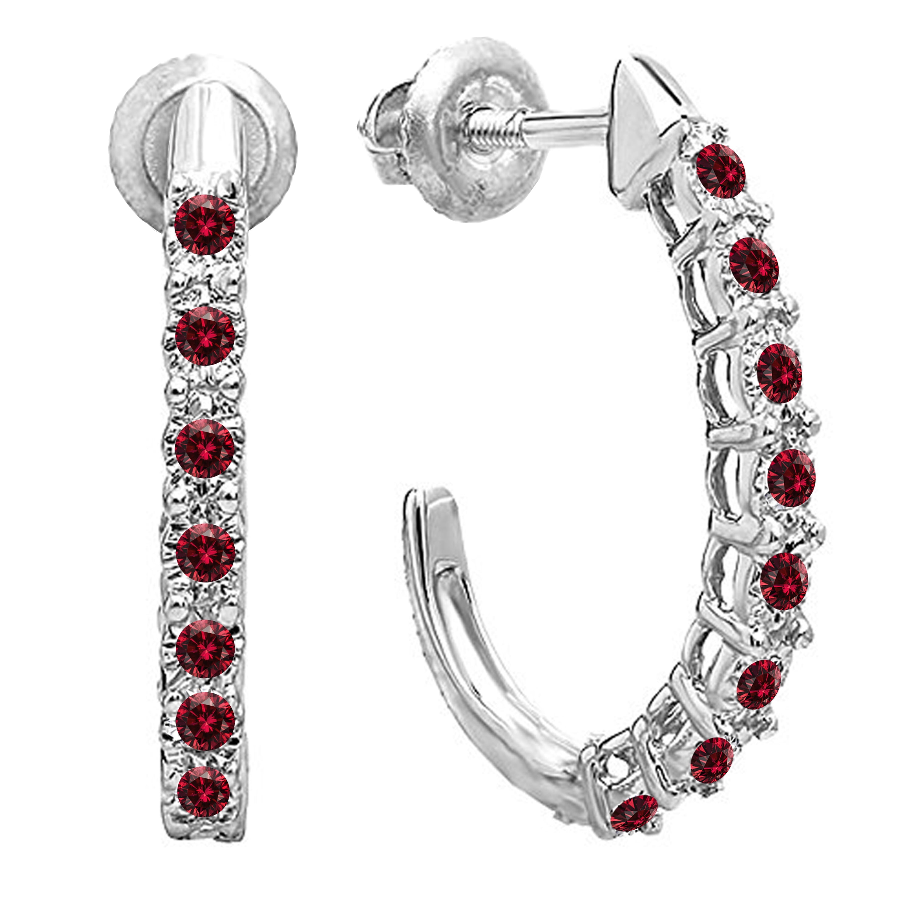 Dazzlingrock Collection Round Red Diamond Fancy J Shaped Classic Screwback Hoop Earrings for Women (0.15 ctw, Color Red, Clarity I2-I3) in 14K White Gold
