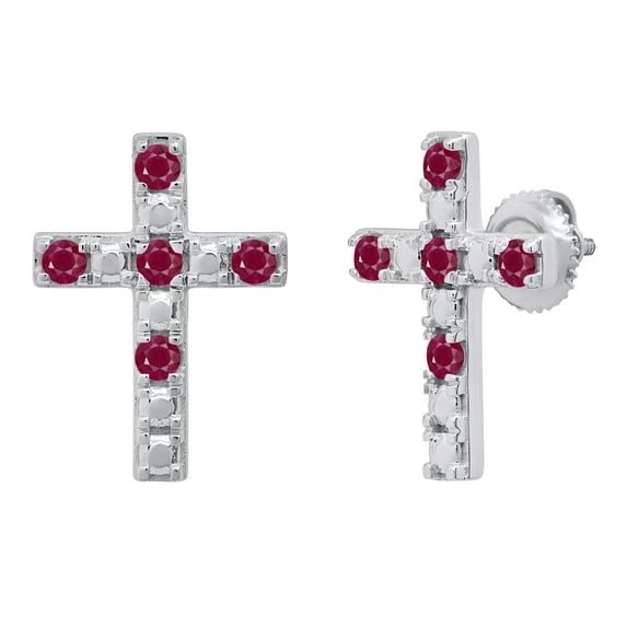 Dazzlingrock Collection Round Ruby 5 Stone Religious Cross Screwback Stud Earrings for Women (Color Red, Clarity Highly Included) in 925 Sterling Silver