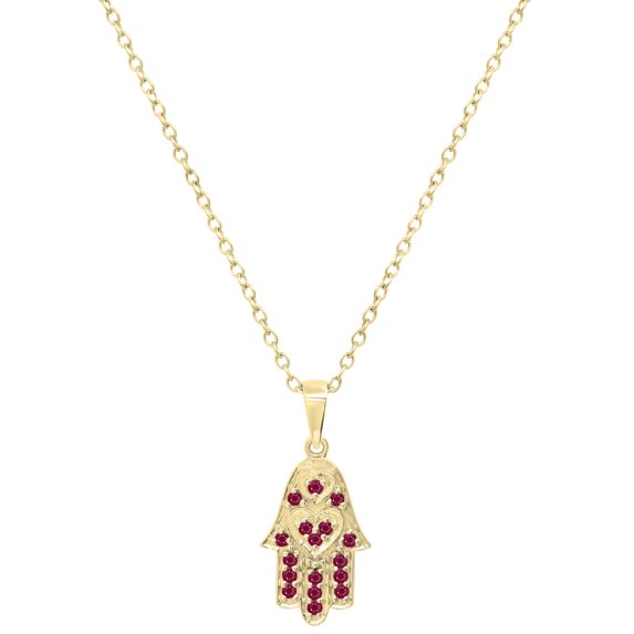 Dazzlingrock Collection Round Ruby Hamsa Hand Double Heart Dainty Pendant for Women with 18 Inch Gold Chain (Color Red, Clarity Highly Included) in 14K Yellow Gold