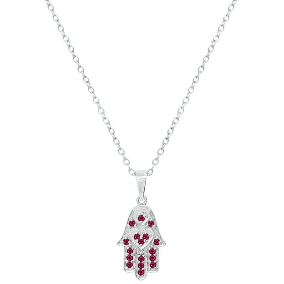 Dazzlingrock Collection Round Ruby Hamsa Hand Double Heart Dainty Pendant for Women with 18 Inch Silver Chain (Color Red, Clarity Highly Included) in 925 Sterling Silver