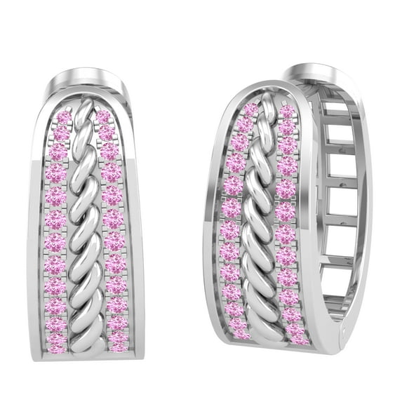 Dazzlingrock Collection Round Two Lines Pink Sapphire in Between Rope Huggie Hoop Earrings for Women (Color Pink, Clarity Highly Included) in 10K White Gold