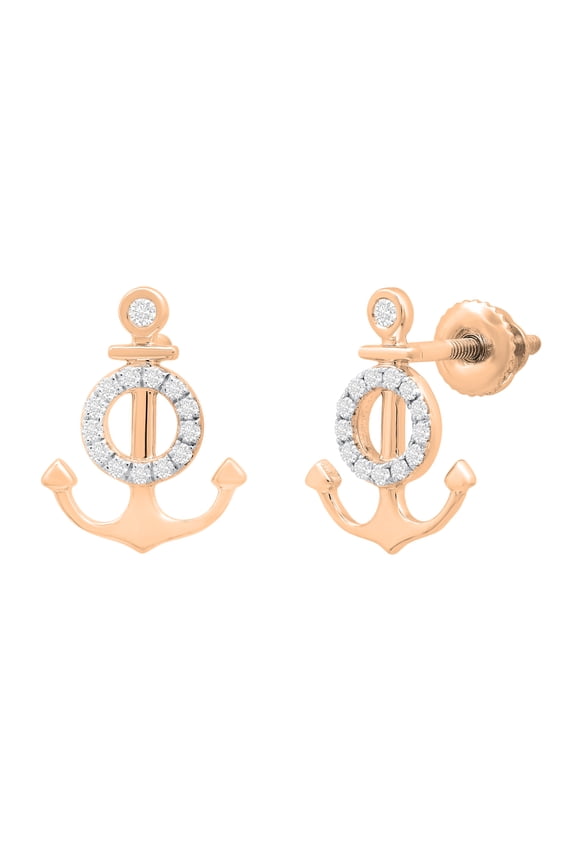 Collection Round White Diamond Anchor Stud Earrings for Women (0.14 ctw, Color I-J, Clarity I1-I2) in 18K Rose Gold