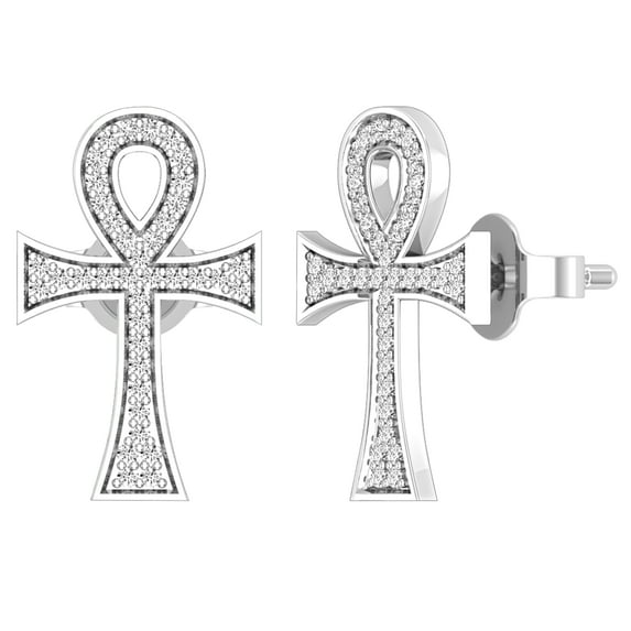 Dazzlingrock Collection Round White Diamond Ankh Cross Pushback Stud Earrings for Women (0.25 ctw, Color I-J, Clarity I1-I2) in 18K White Gold