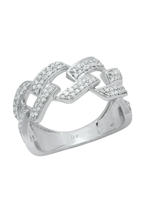 Collection Round White Diamond Out Bling Cuban Link Band Ring for Women (0.42 ctw, Color I-J, Clarity I2-I3) in 925 Sterling Silver, Size 7
