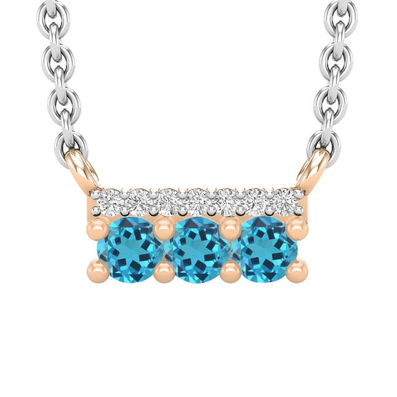 Dazzlingrock Collection Round White Diamond & Blue Topaz Horizontal Bar Pendant for Women with 18 Inch Gold Chain (0.05 ctw, Color I-J, Clarity I1-I2) in 14K Rose Gold