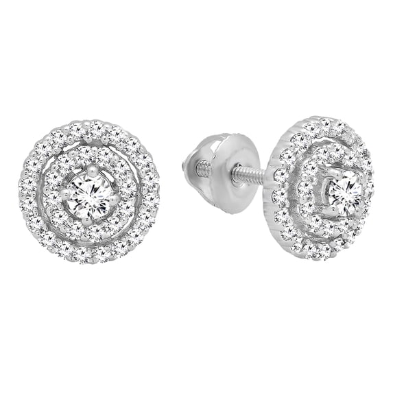 Dazzlingrock Collection Round White Diamond Circle Double Halo Screwback Stud Earrings for Women (0.50 ctw, Color I-J, Clarity I1-I2) in 18K White Gold