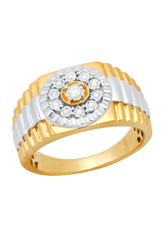 Collection Round White Diamond Cluster Christ Watch Style Fashion Ribbed Ring for Men (0.15 ctw, Color I-J, Clarity I2-I3) in Yellow Gold Plated Sterling Silver, Size 10