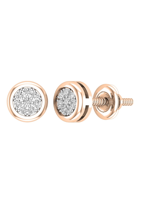Collection Round White Diamond Cluster Circle Screwback Stud Earrings for Women (0.10 ctw, Color I-J, Clarity I1-I2) in 14K Rose Gold