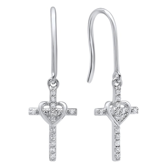 Dazzlingrock Collection Round White Diamond Cross & Heart Drop Earrings for Women (0.15 ctw, Color I-J, Clarity I1-I2) in 14K White Gold