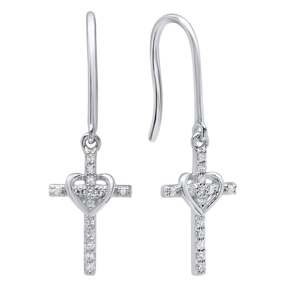 Dazzlingrock Collection Round White Diamond Cross & Heart Drop Earrings for Women (0.15 ctw, Color I-J, Clarity I1-I2) in 18K White Gold