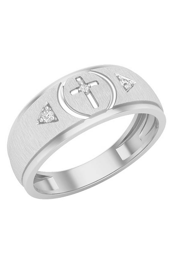 Collection Round White Diamond Cross Wedding Band Ring for Men (0.06 ctw, Color I-J, Clarity I1-I2) in 14K White Gold, Size 9.5
