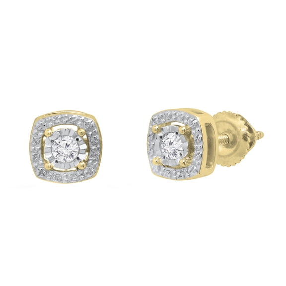 Dazzlingrock Collection Round White Diamond Cushion Shape Textured Illusion Set Screwback Stud Earrings for Women (0.10 ctw, Color I-J, Clarity I1-I2) in 18K Yellow Gold