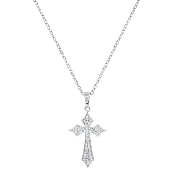 Dazzlingrock Collection Round White Diamond Flower Cross Religious Pendant for Women with 18 Inch Silver Chain (0.13 ct. Color I-J, Clarity I2-I3) in 925 Sterling Silver